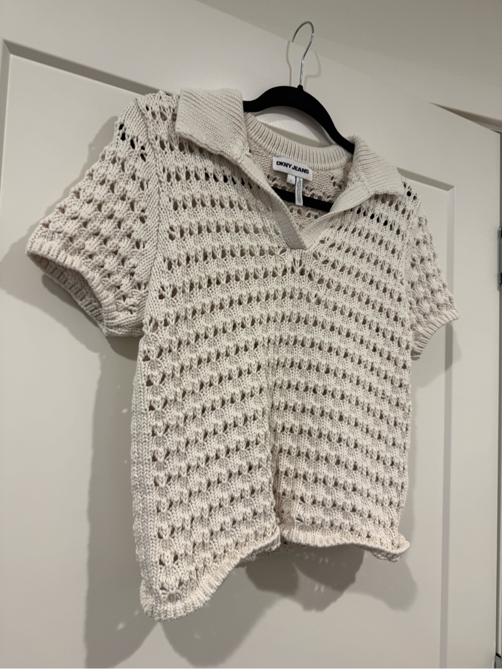 DKNY Cream Crochet Knit Polo Top